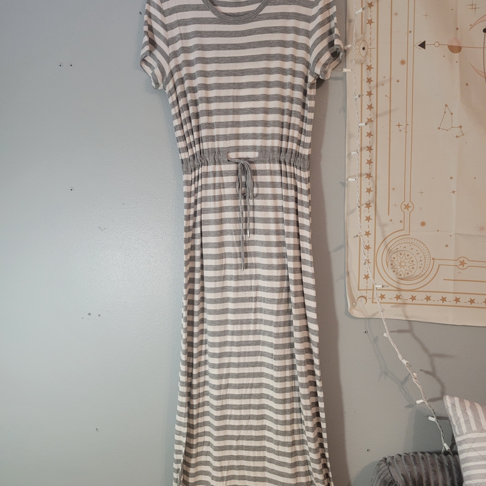 Michael Kors Gray and White Striped Maxi Dress with Drawstring Waist